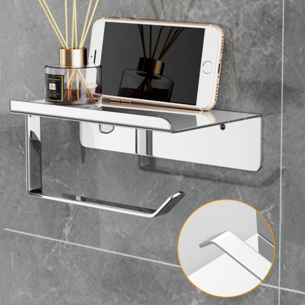 Wall-Mounted Stainless Steel Toilet Paper Holder with Shelf for Bathroom Organization