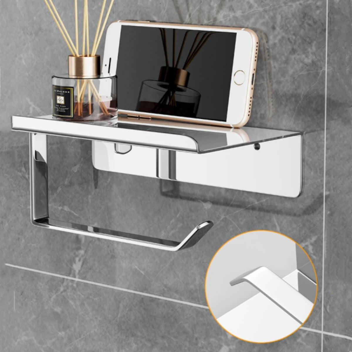 Wall-Mounted Stainless Steel Toilet Paper Holder with Shelf for Bathroom Organization
