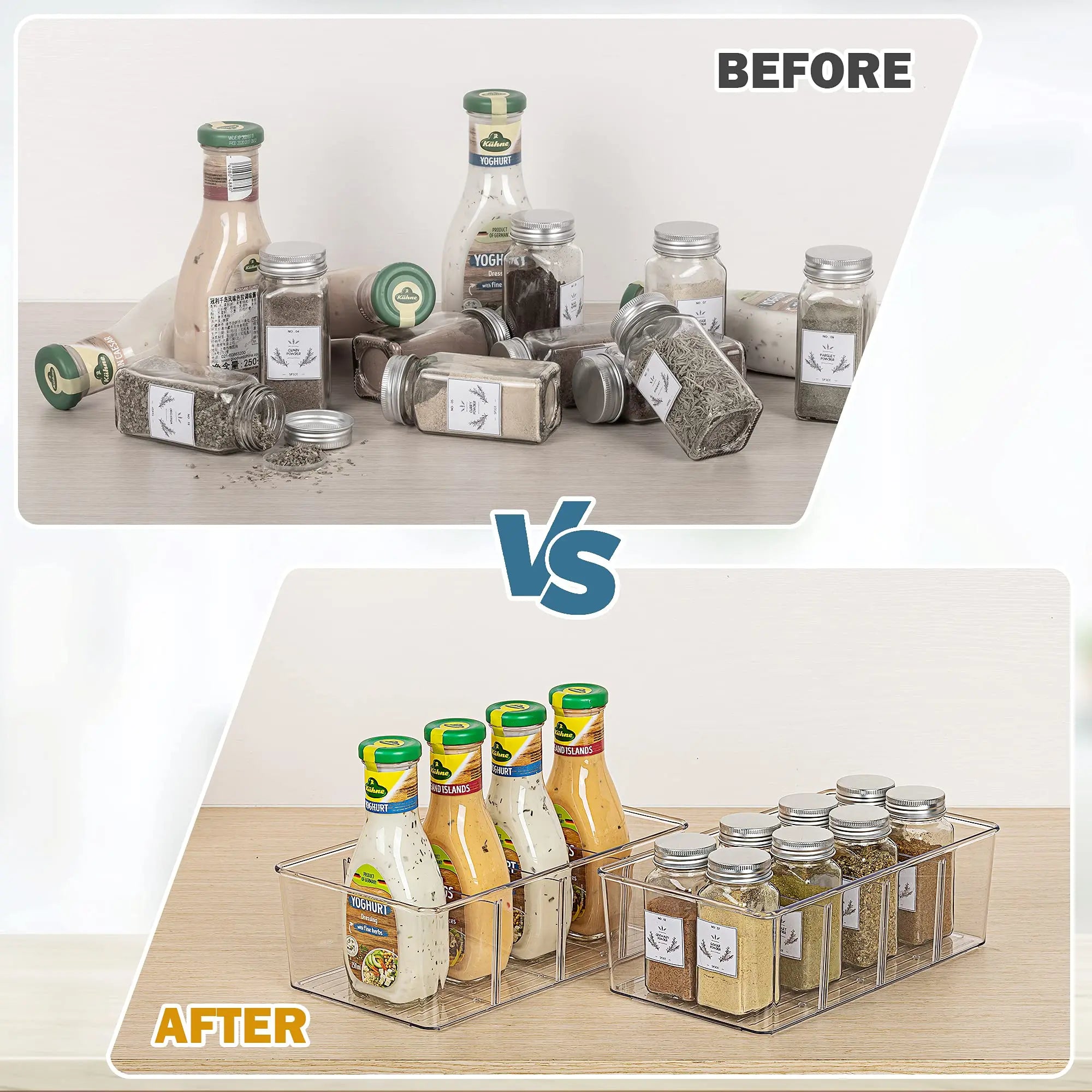 Before and after comparison using clear organizer bins for spice jars and condiments