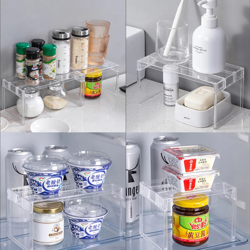 Plates of vegetables arranged on clear shelf organizers inside a refrigerator