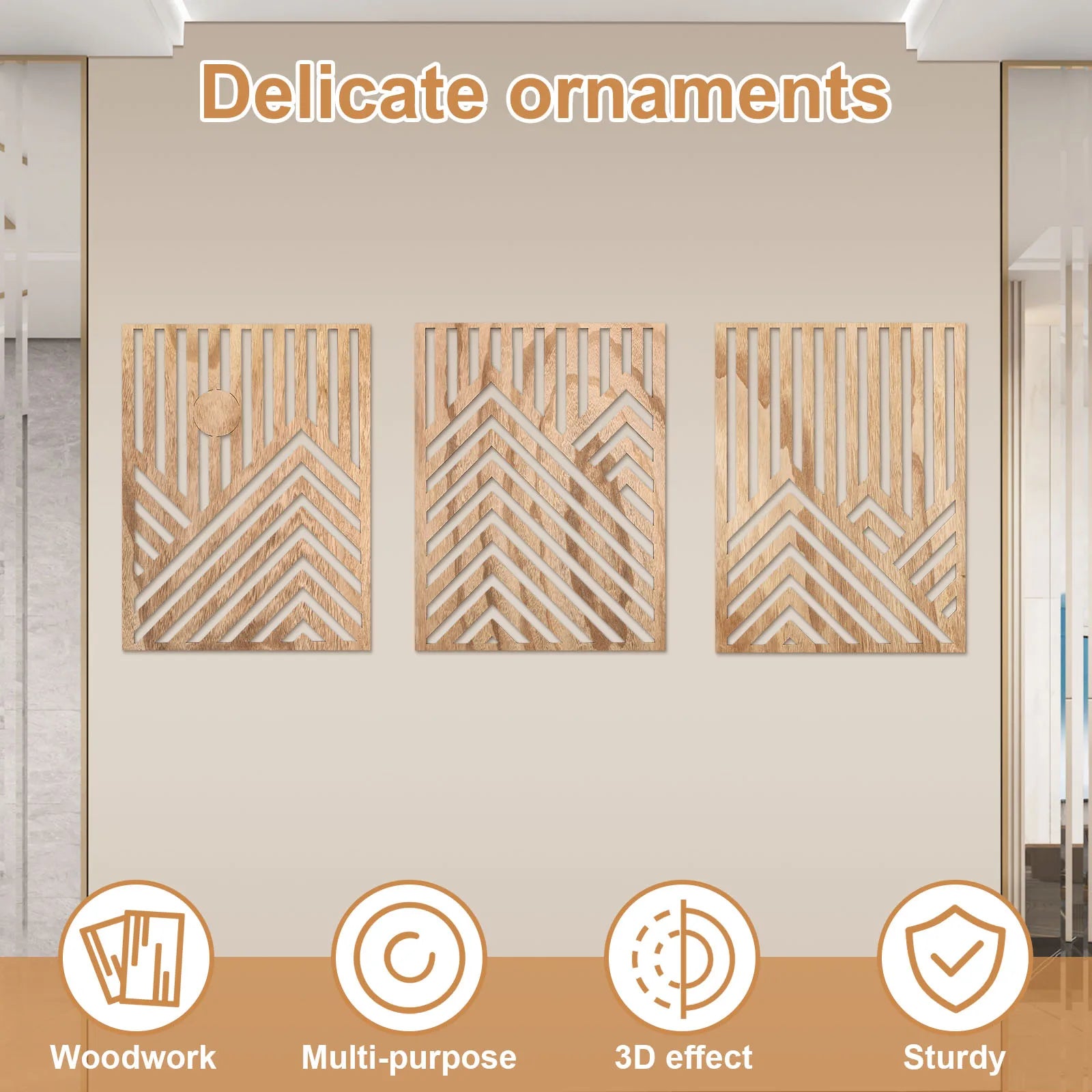 Three wood art panels displayed on a living room wall with icons describing features