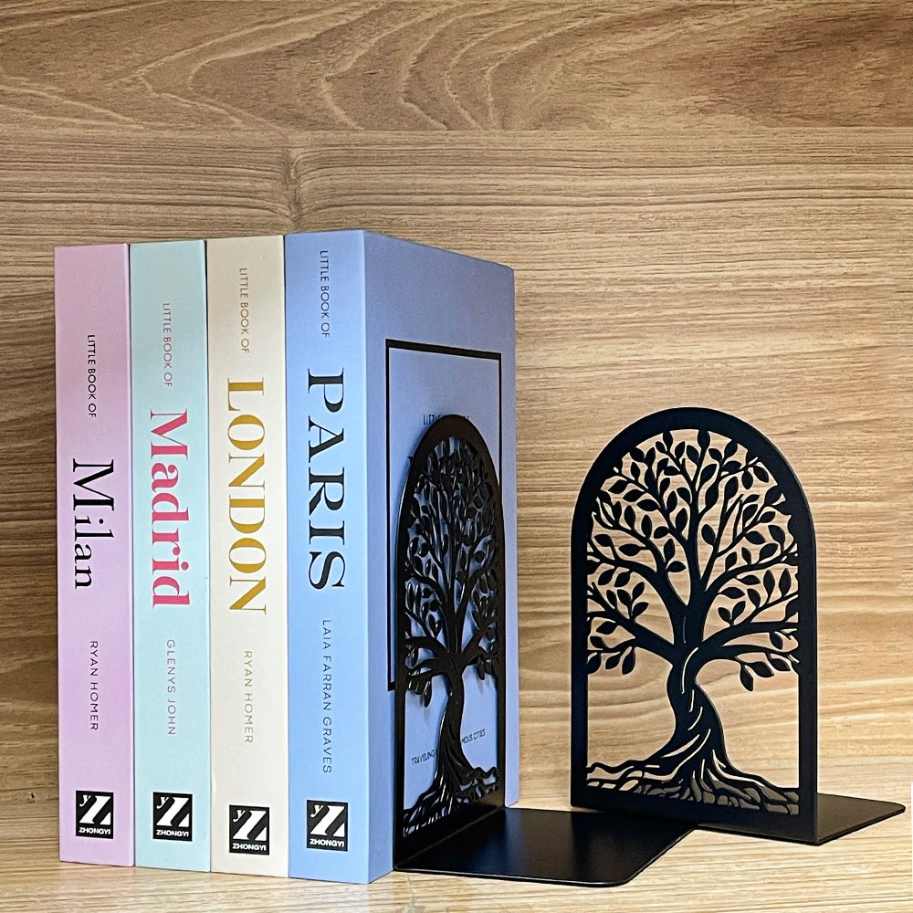 Pair of Tree of Life metal bookends bracing a row of books on a shelf