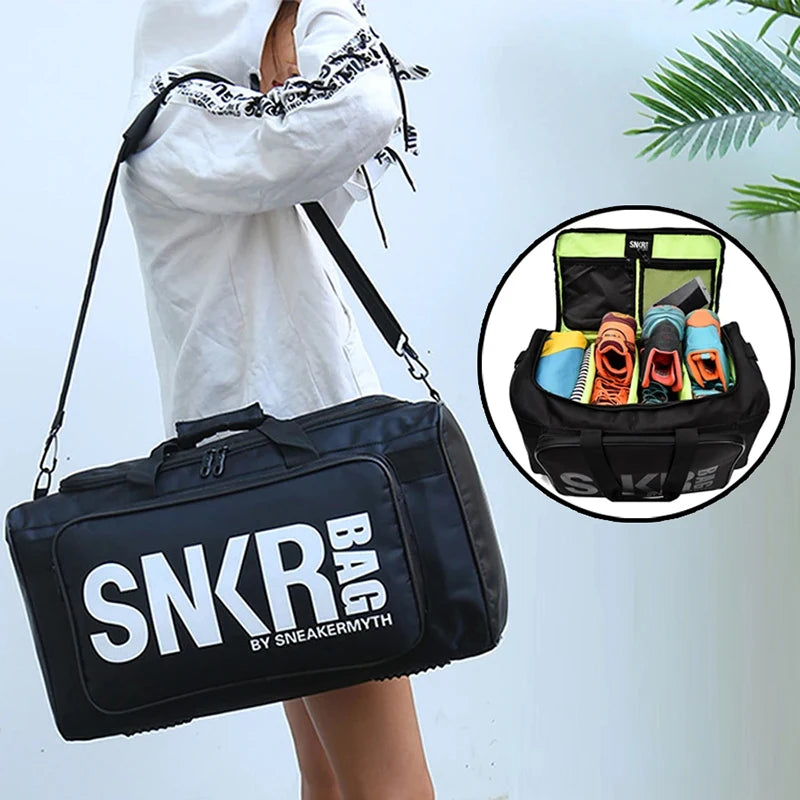 Person carrying a black duffel bag with large 'SNKR BAG' text and a separate view showing three pairs of shoes and sports items organized inside the bag
