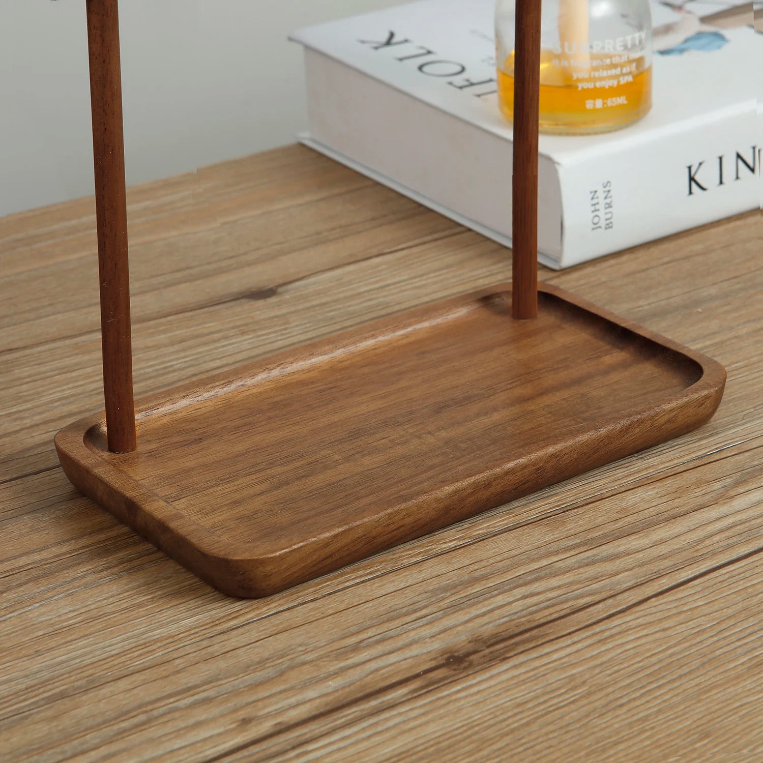 Walnut & Metal Jewelry Organizer Stand with Tray