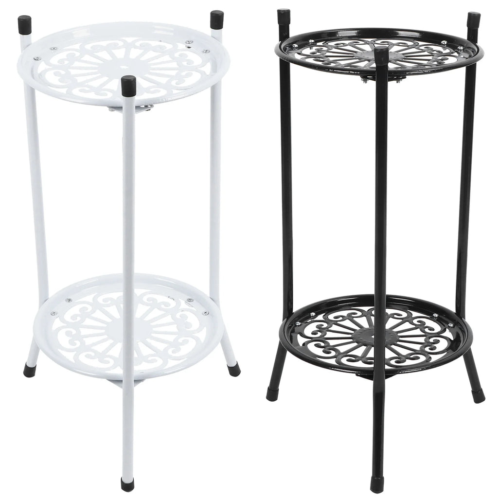 White and black metal plant stands showing decorative round tray design