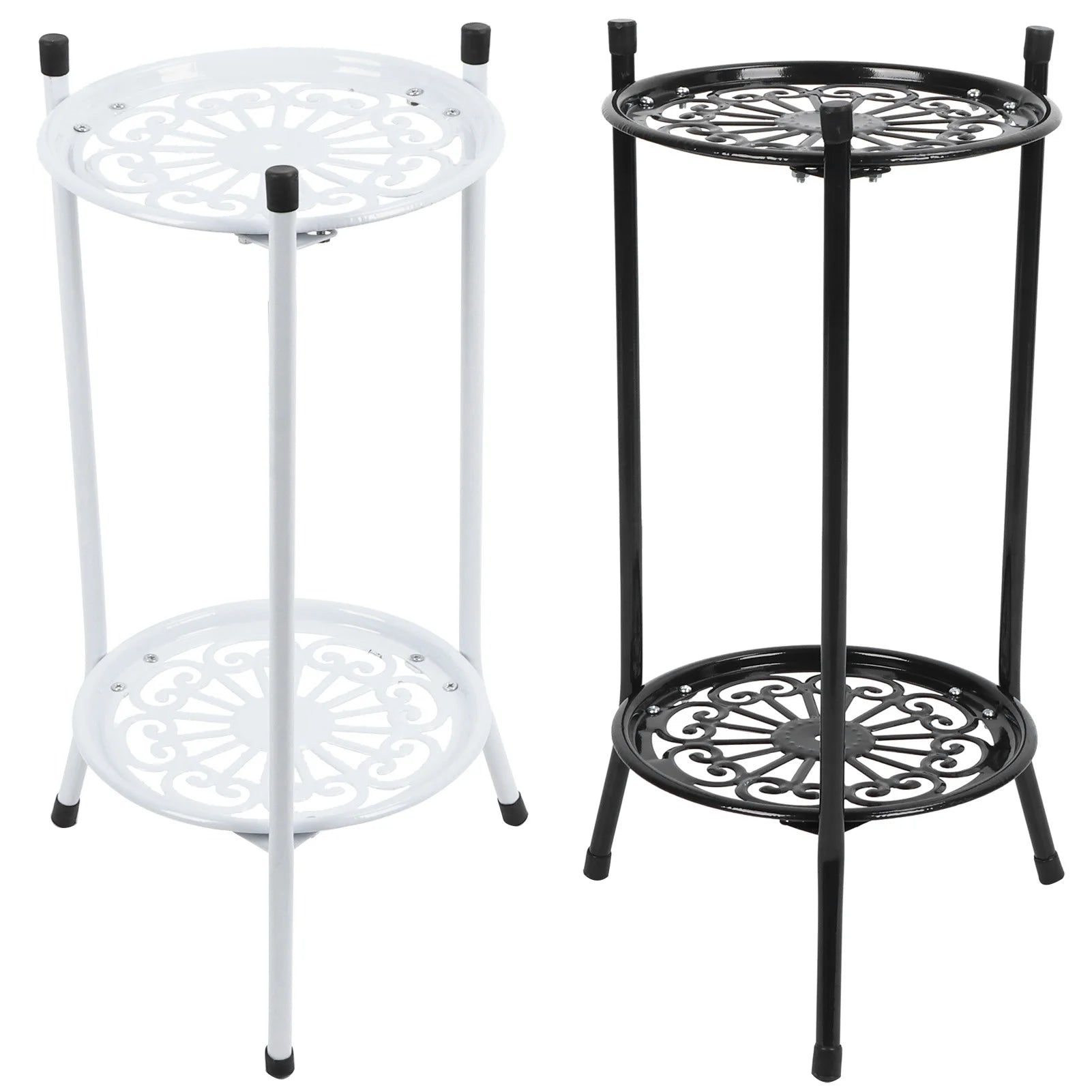 White and black metal plant stands showing decorative round tray design
