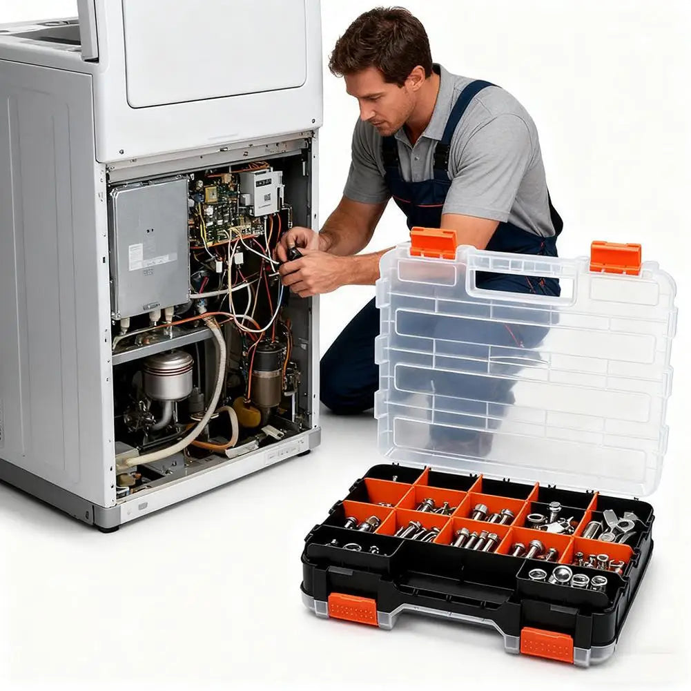 Person using an open hardware organizer box with orange latches during a repair near a washing machine