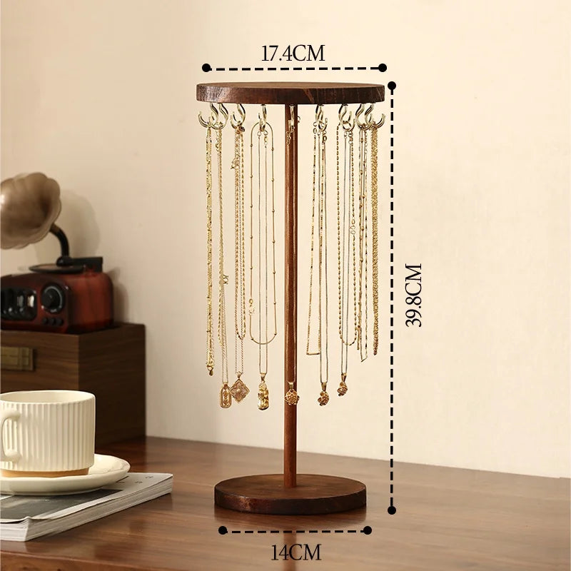 Walnut Wood Necklace Organizer Stand with Hooks