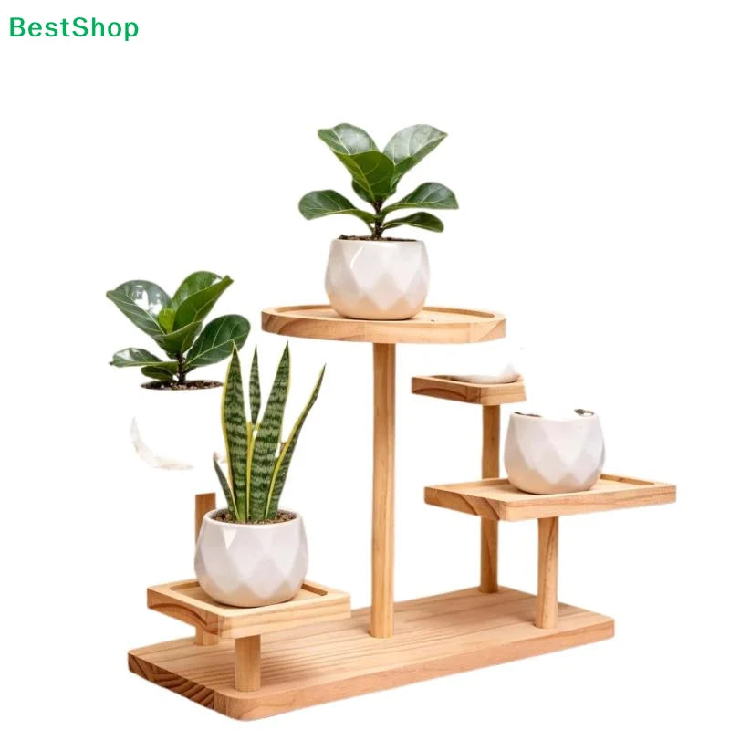 Isolated view of the five-tier natural wood plant stand holding potted greenery and white pots