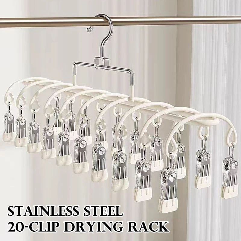stainless steel 20-clip drying rack hanging from a bar with product text overlay