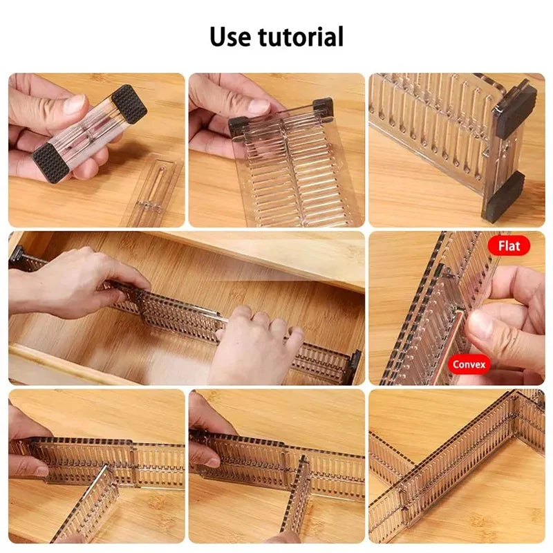 Step-by-step visual guide to assembling and installing the clear adjustable drawer divider