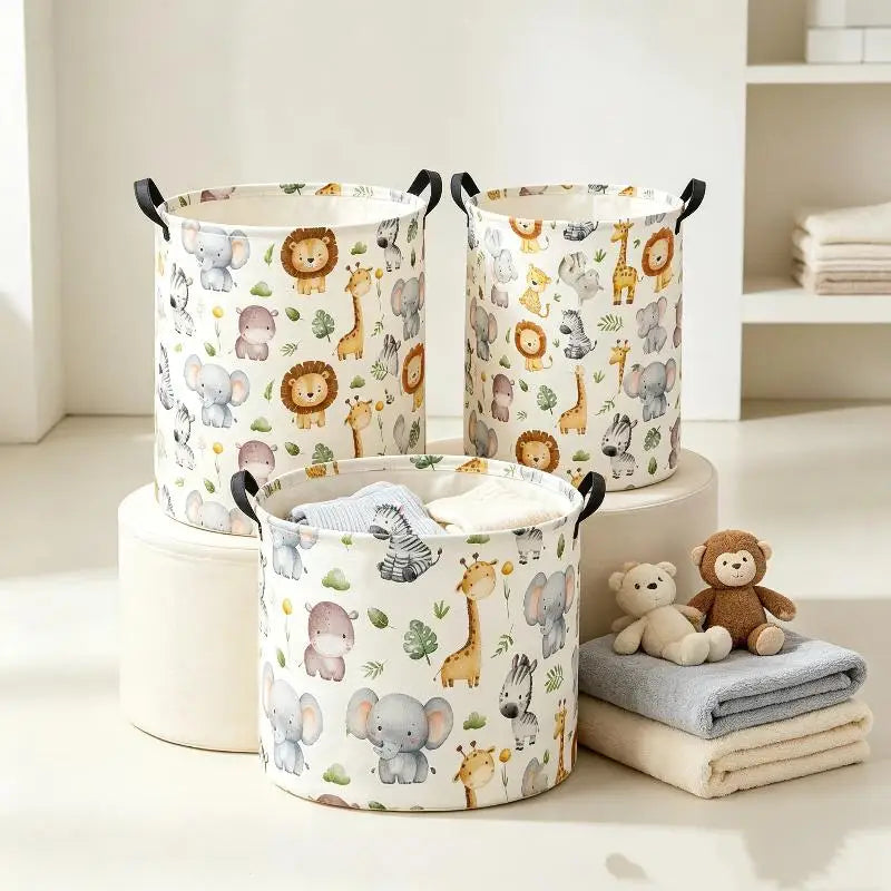 Three animal pattern laundry hampers and plush toys arranged for nursery storage