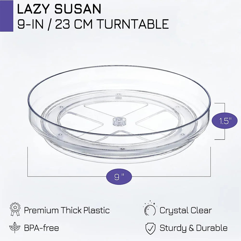 clear round plastic lazy susan shown from the side with labeled 9-inch and 1.5-inch measurements