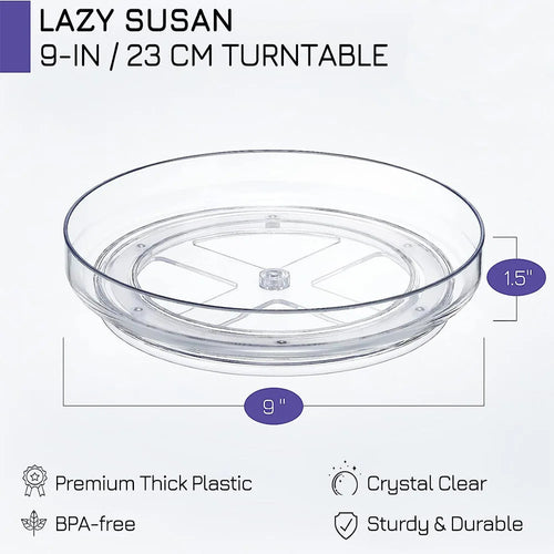 clear round plastic lazy susan shown from the side with labeled 9-inch and 1.5-inch measurements