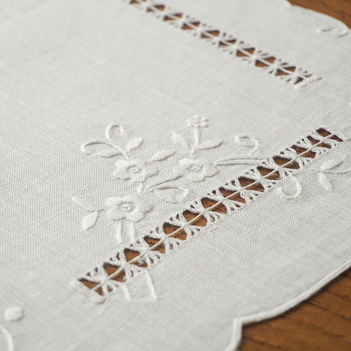 Arden Embroidered Linen Table Runner with Scalloped Edge for Dining & Coffee Table Decor