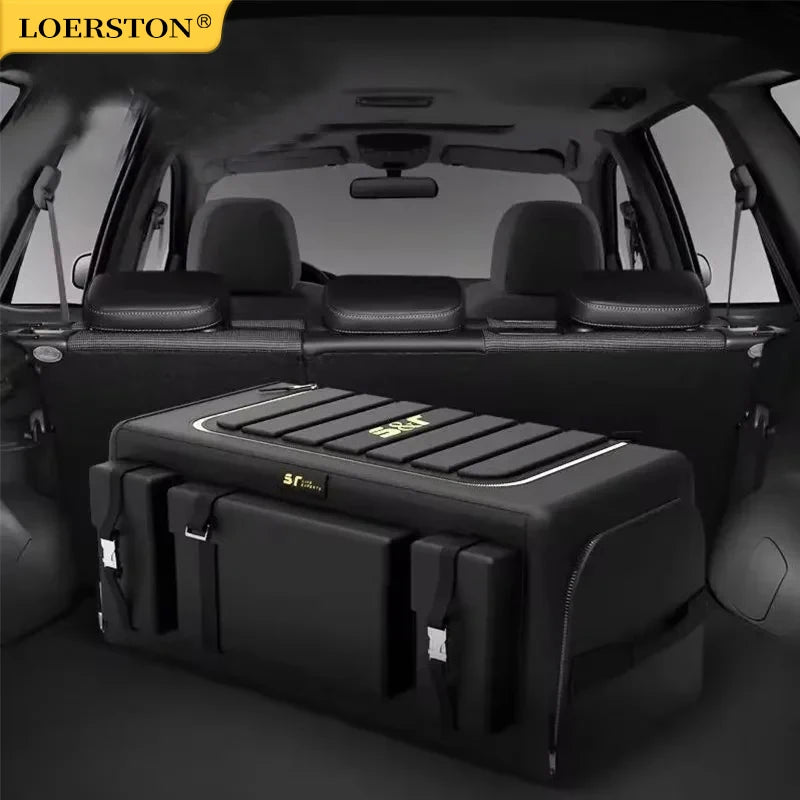 Rectangular black foldable car trunk organizer with lid placed in a car's cargo area