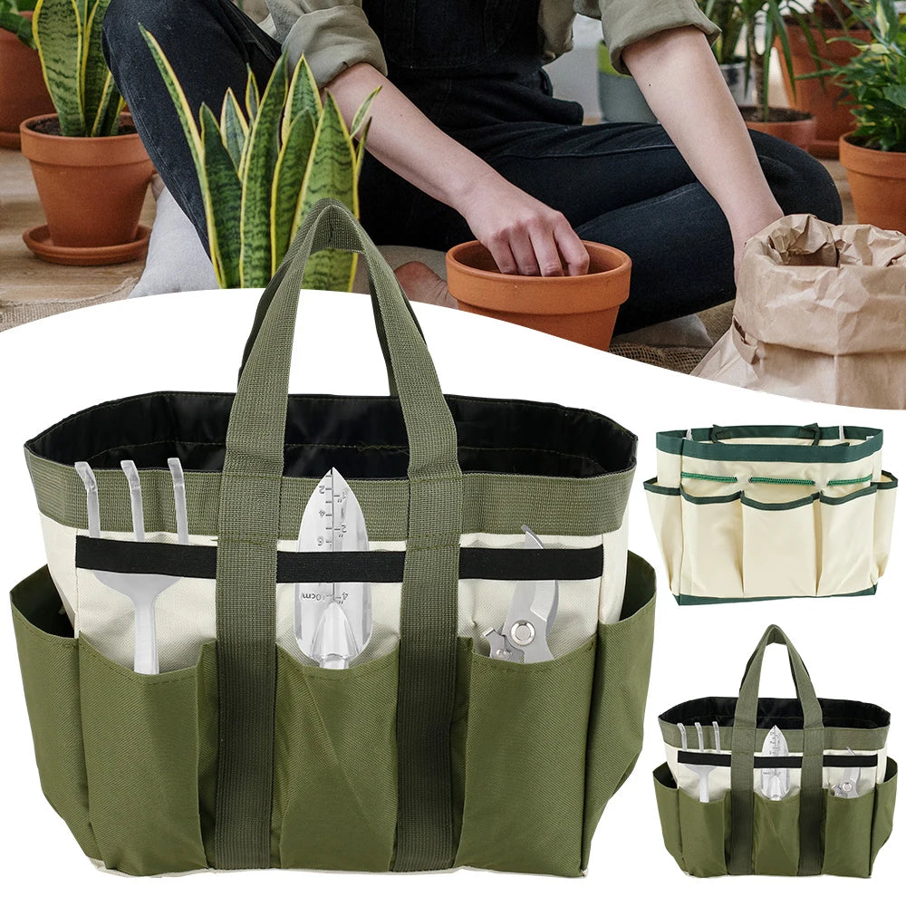 Garden tool tote bag in khaki and dark green shown with gardening tools and potted plants, suitable for indoor or outdoor gardening organization