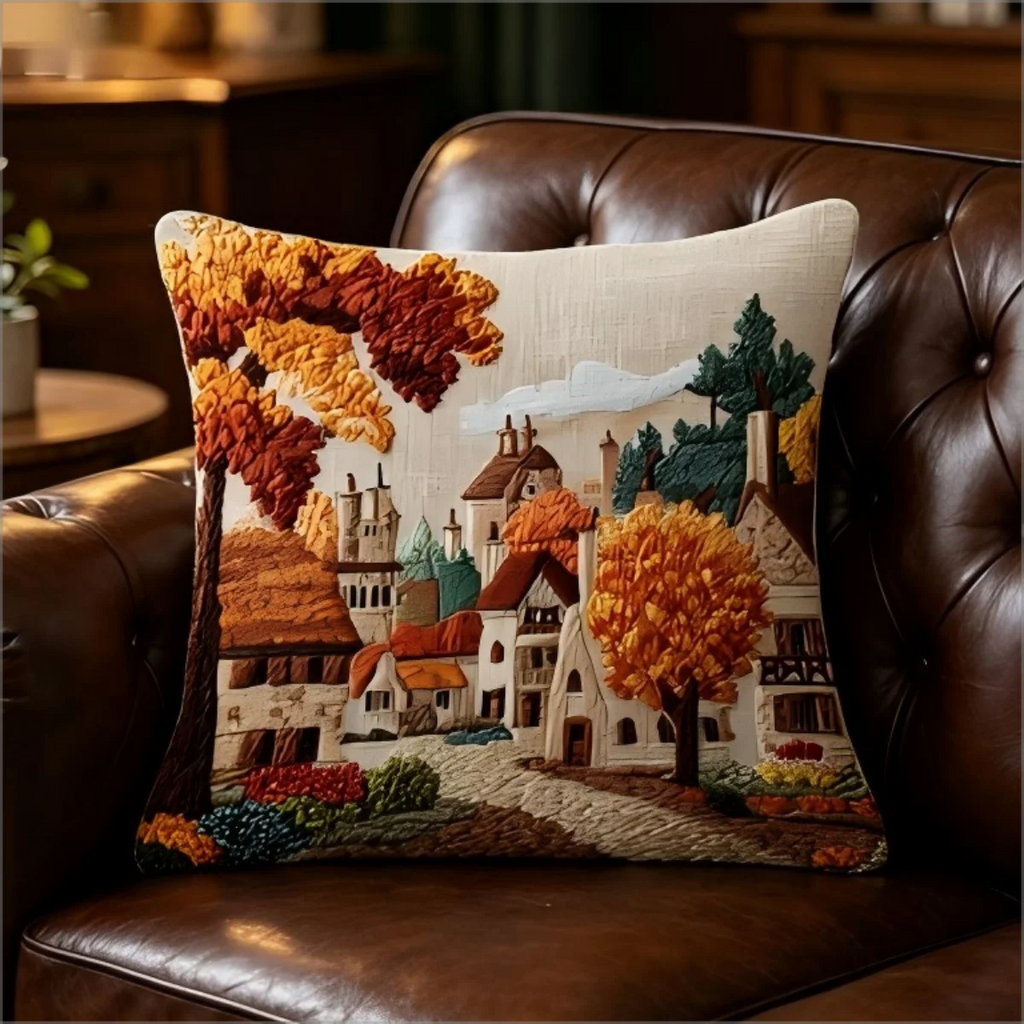 Autumn village landscape throw pillow cover on a brown leather armchair in a warmly lit cozy space.