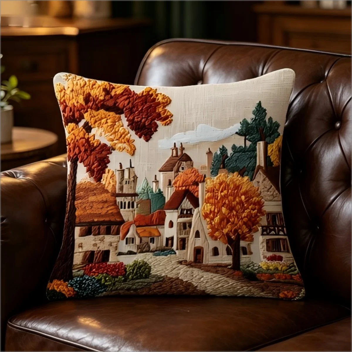 Autumn village landscape throw pillow cover on a brown leather armchair in a warmly lit cozy space.