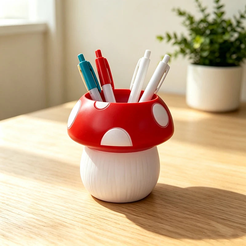 Mushroom-shaped plastic pen holder with red and white cap on a wooden desk