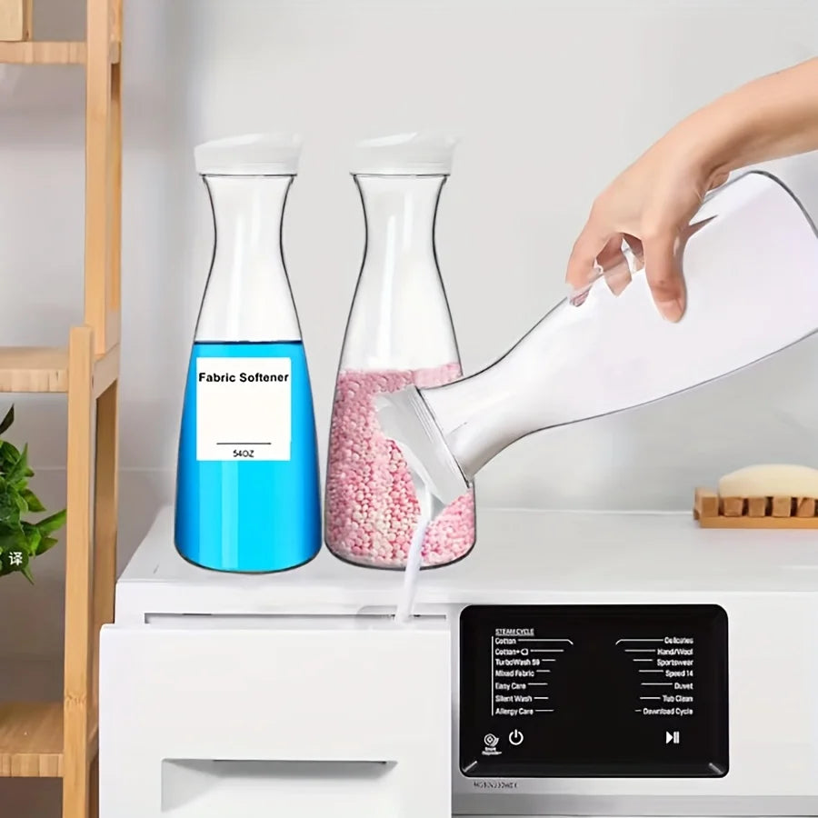 Hand pouring clear liquid from a dispenser bottle into a washing machine drawer, with other bottles nearby
