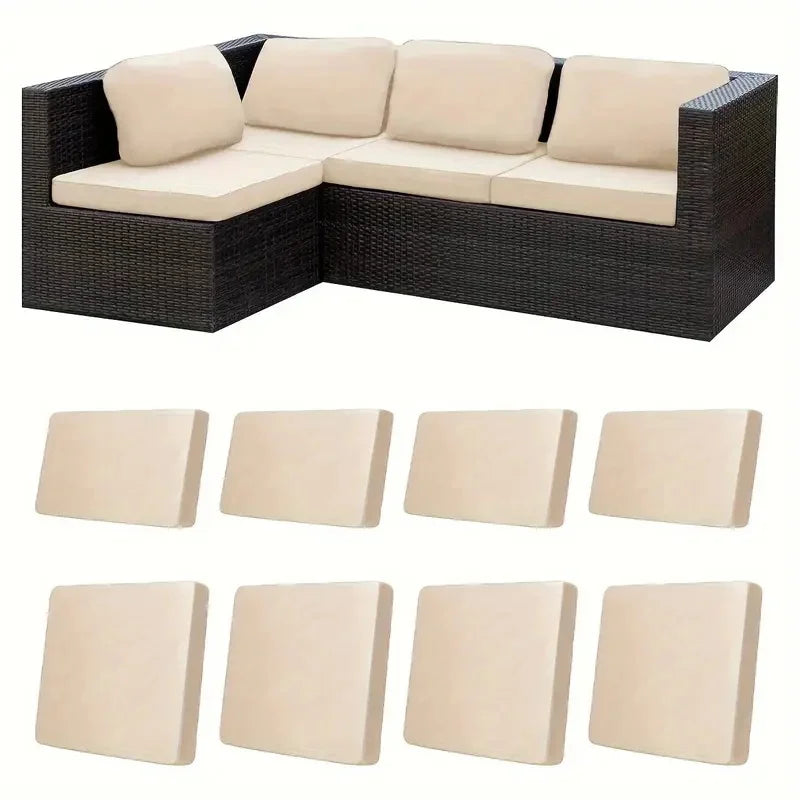 Outdoor sectional sofa with beige cushion covers displayed on each seat and backrest