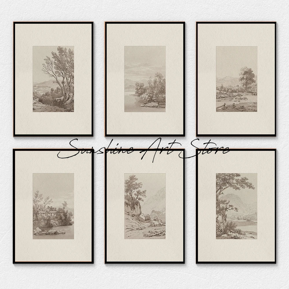 Set of six neutral landscape canvas art prints with earth toned nature scenes