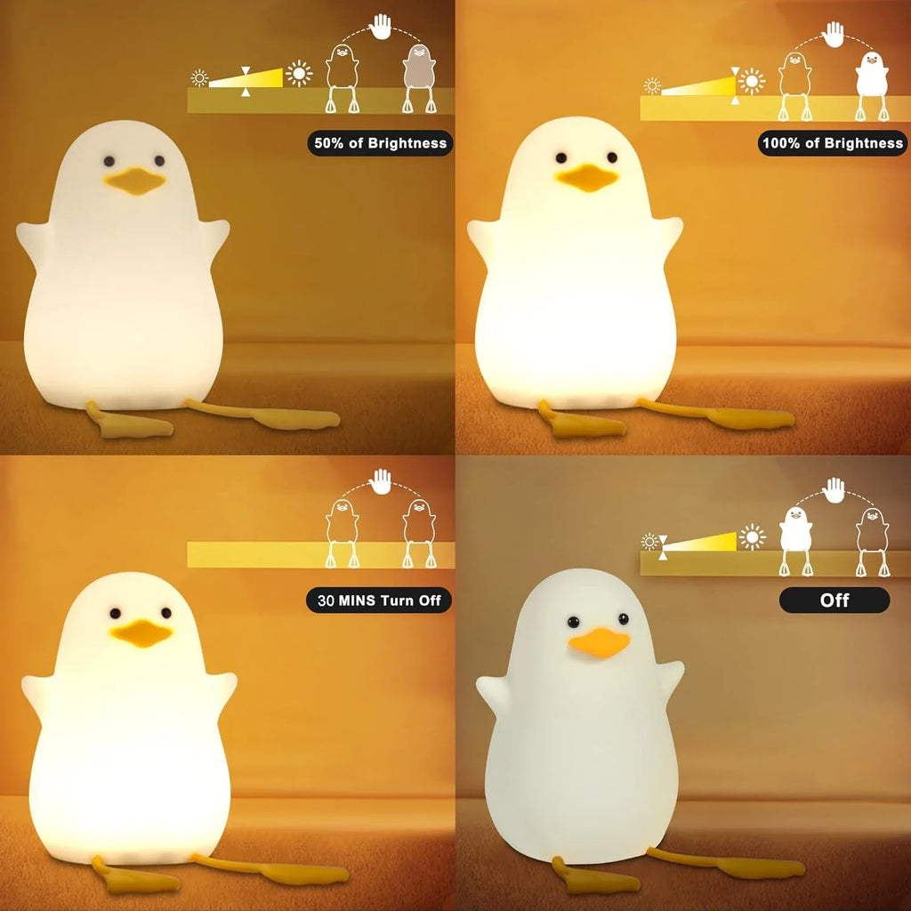 Four-panel view of duck night light showing adjustable brightness and on/off controls
