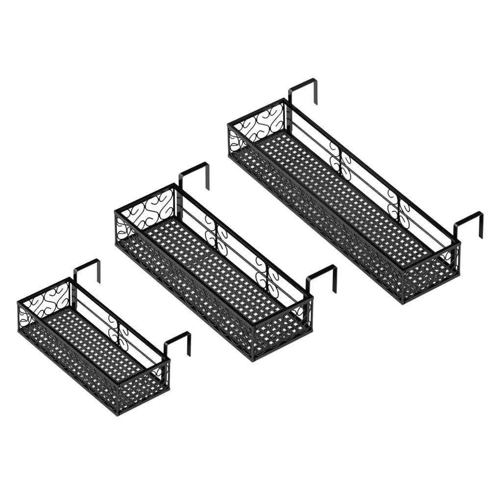 three sizes of black iron hanging railing planter shelves in a row