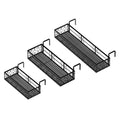 three sizes of black iron hanging railing planter shelves in a row