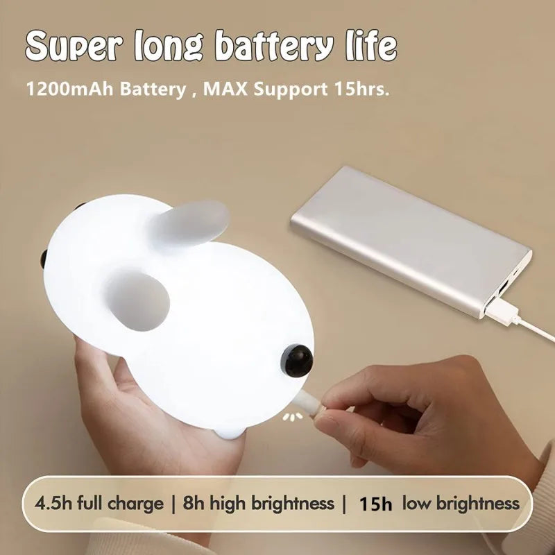 Recharging the bunny silicone night light using a USB cable, highlighting battery life
