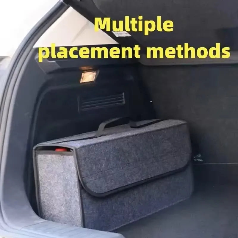 Felt storage organizer placed upright in a car trunk