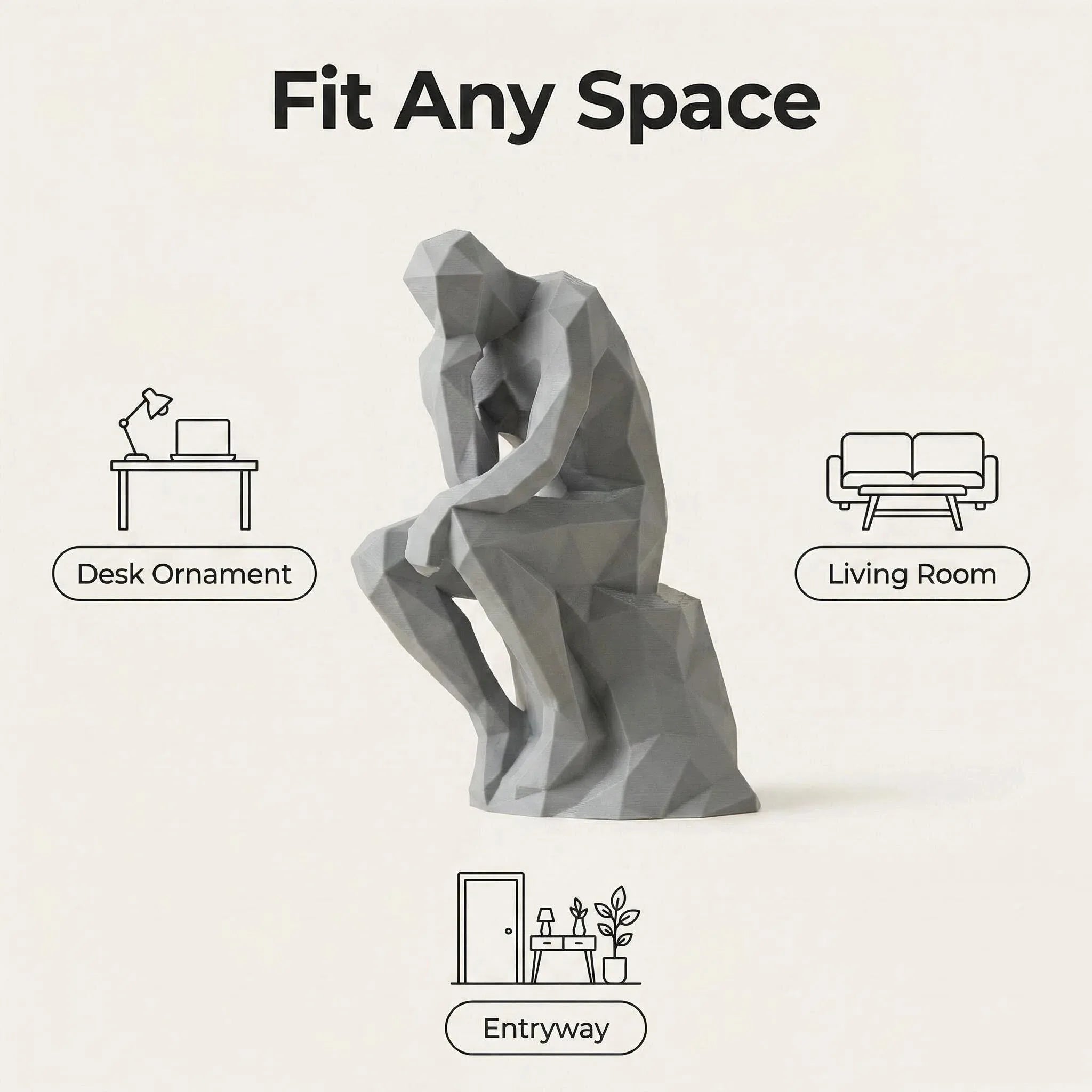 Matte grey geometric thinking figurine with room placement icons for desk, entryway, and living room