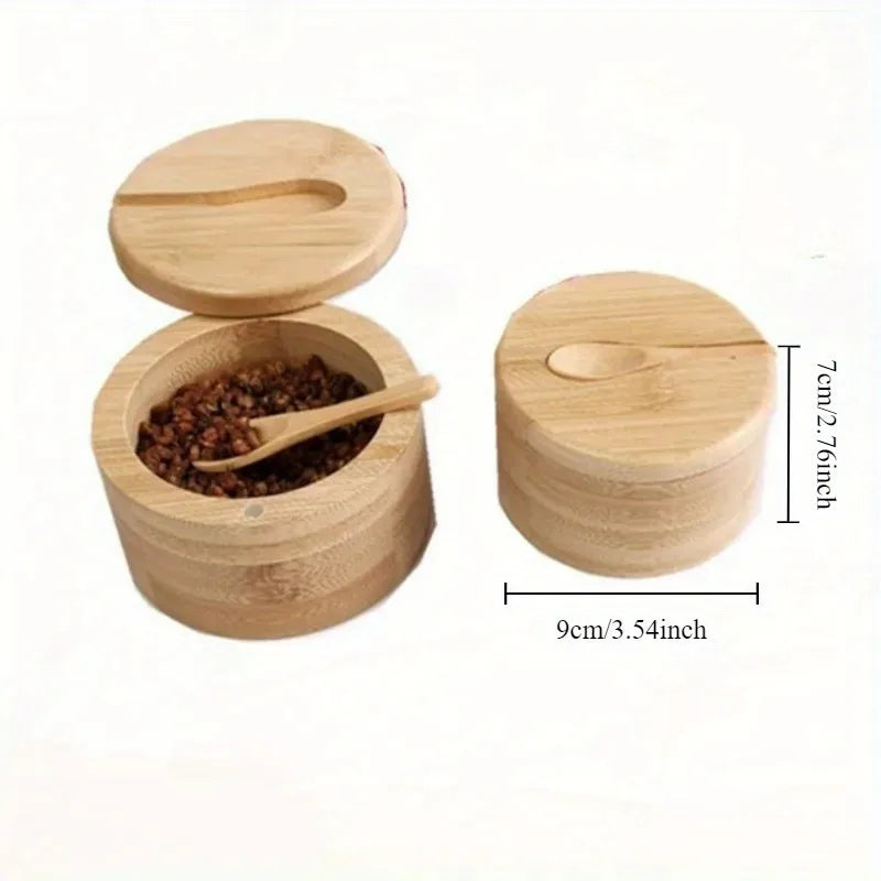 Open bamboo spice container with size shown and lid featuring a magnetic closure