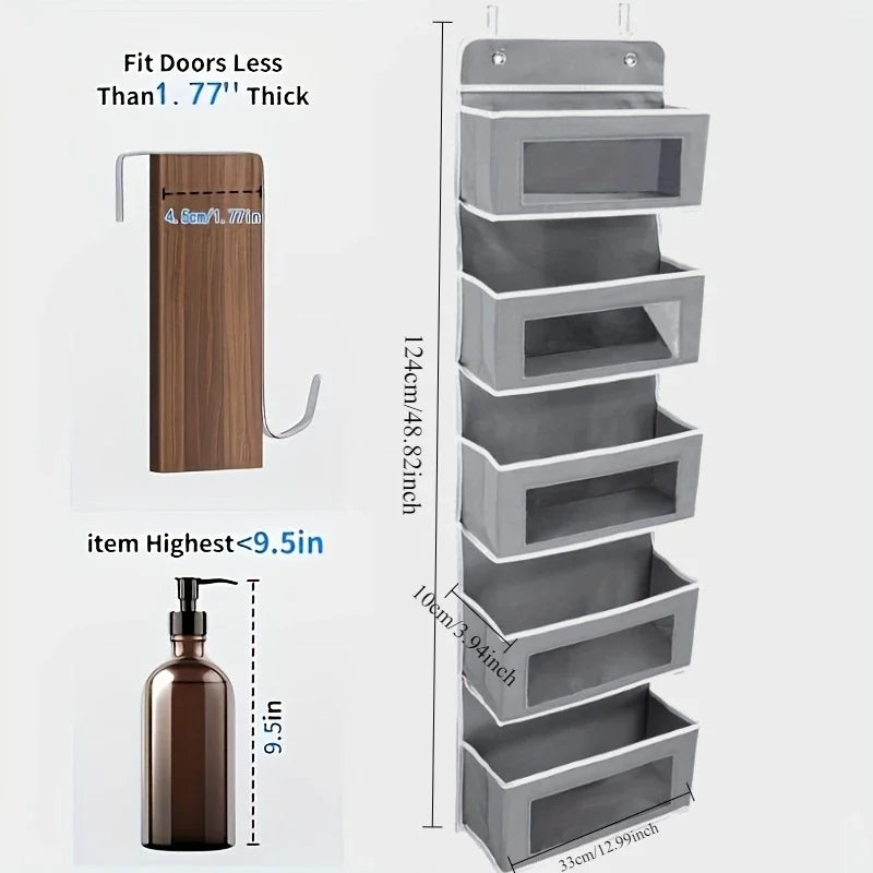 5-Shelf Over-the-Door Hanging Organizer with Large Pockets – Grey