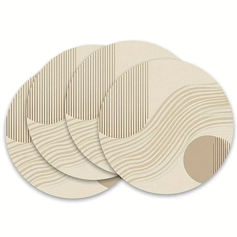 Set of four round modern minimalist placemats with wavy pattern stacked together