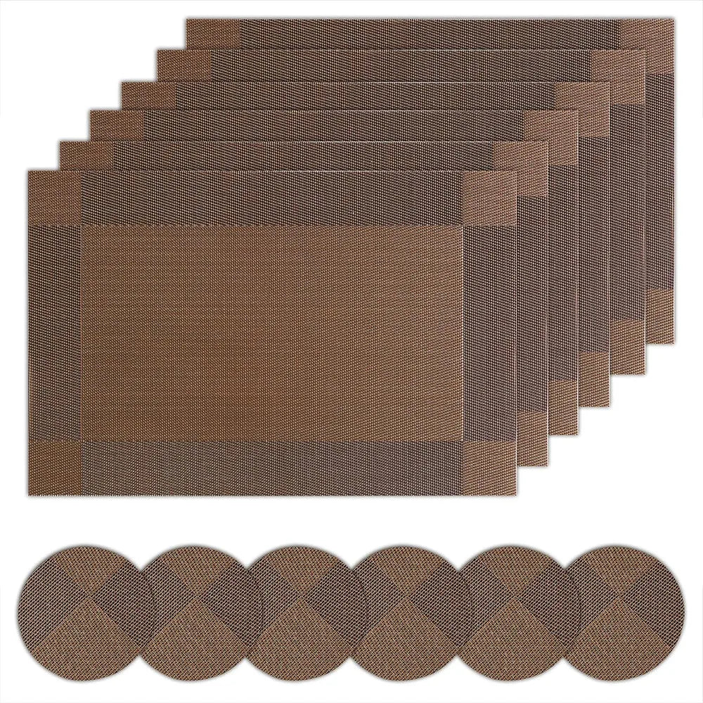 Woven Vinyl Placemats & Coaster Set of 6 for Dining Table