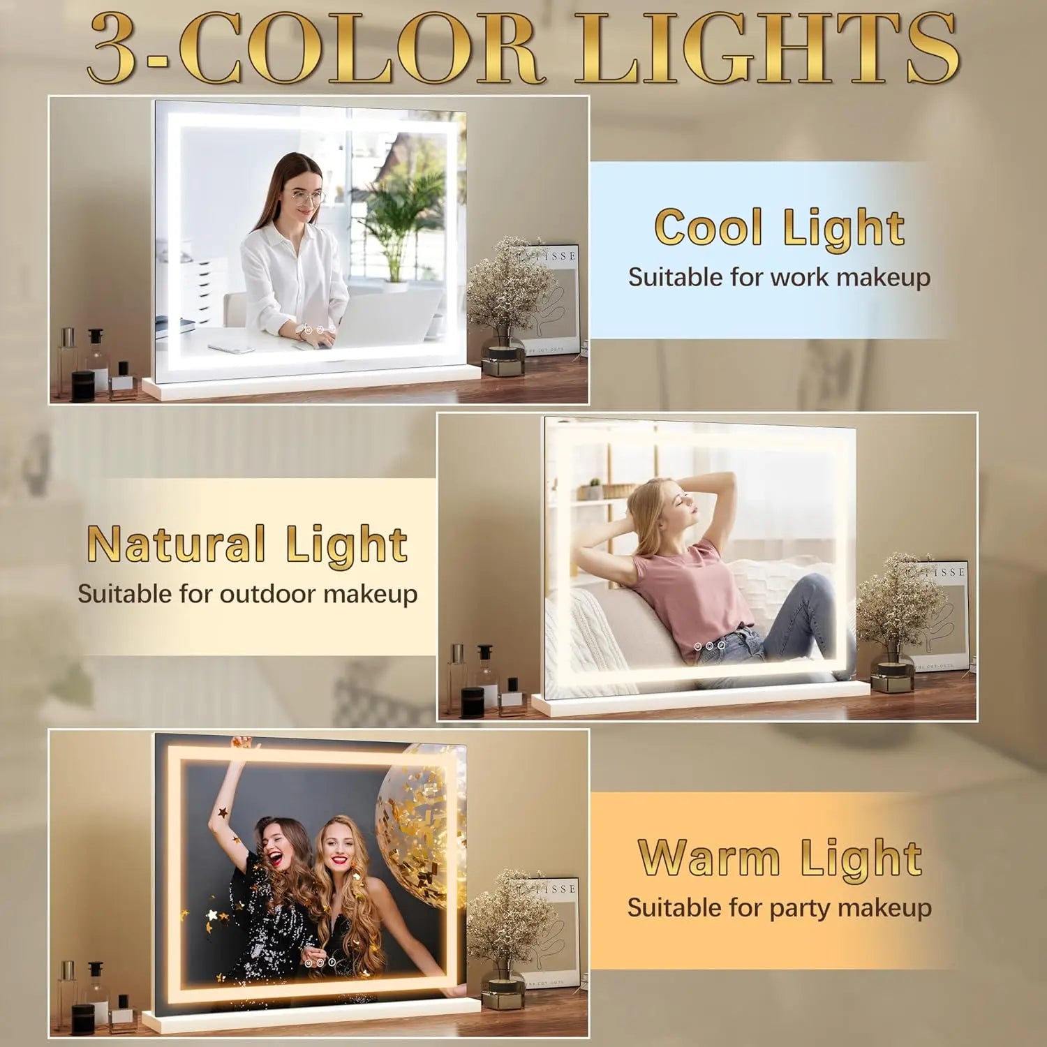 close-up of vanity mirror showing cool, natural, and warm light color options with users