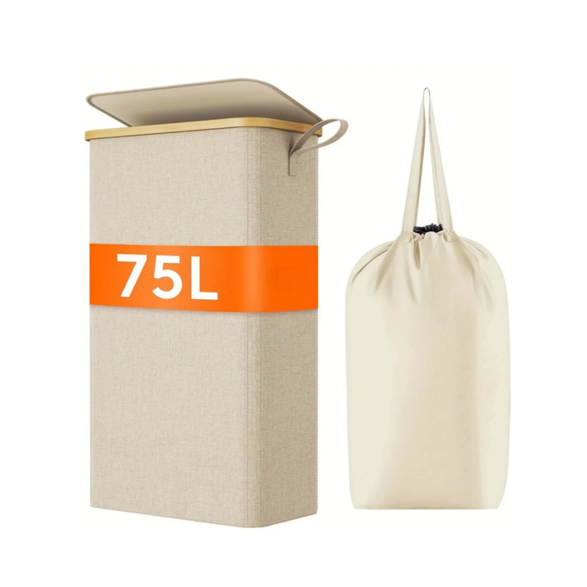 beige slim laundry basket with lid and removable drawstring liner bag, 75 liter capacity