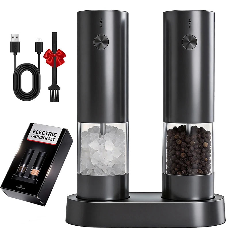 USB rechargeable electric salt and pepper grinder set with charging cable, cleaning brush, and storage base in matte black