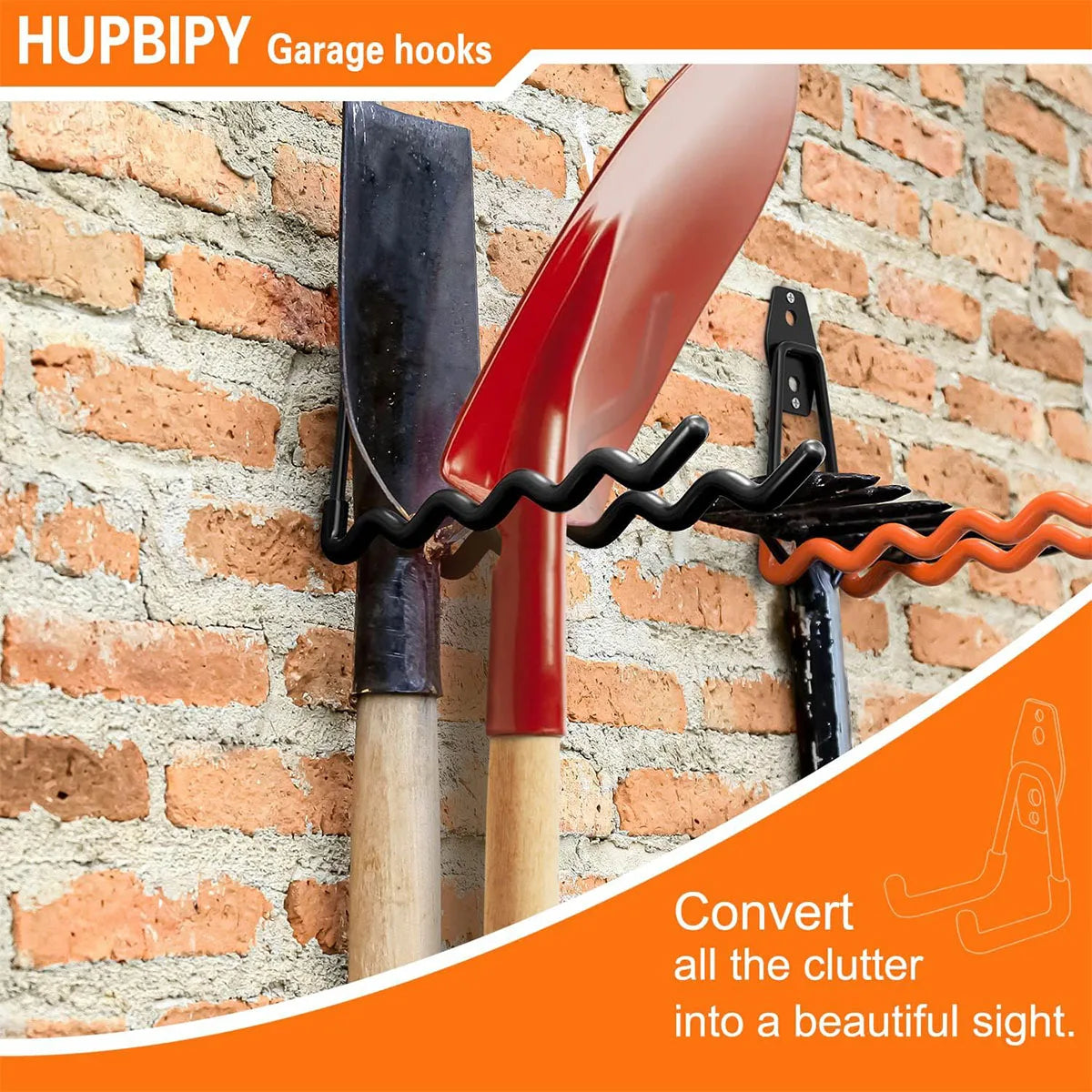 Wall-mounted wave hook with garden tools and shovel handled organized on a brick garage wall