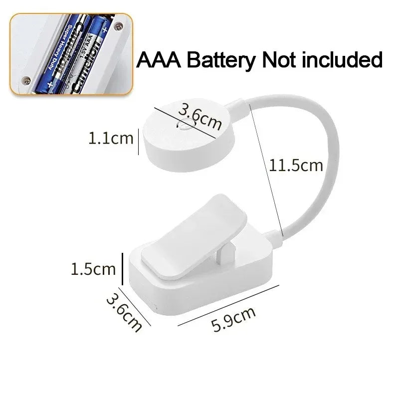 White Clip-On LED Book Light for Bedside & Portable Reading – Battery Powered, Adjustable Neck