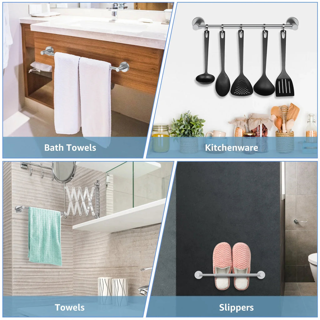 Collage showing towel bar used for bath towels, kitchen utensils, washcloths, and slippers