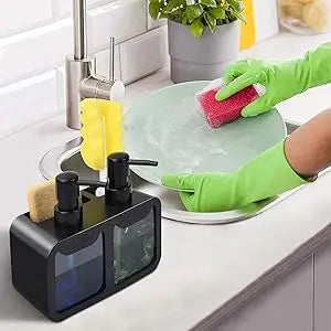 Person washing dishes at kitchen sink beside the dual soap dispenser organizer with sponge and brush