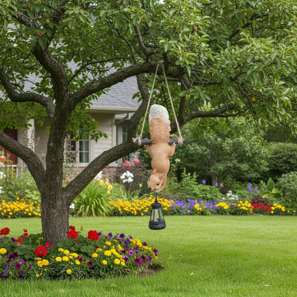Resin squirrel solar light suspended from a tree in a blooming garden