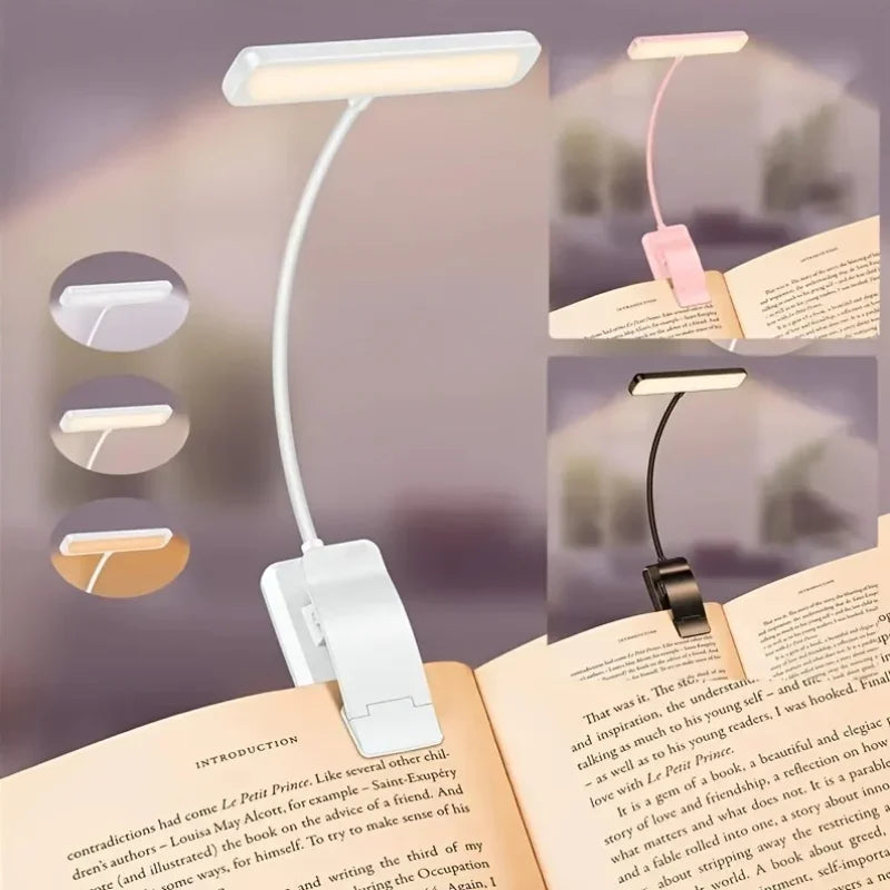 White and black clip-on gooseneck reading lamps attached to books, with color temperature options displayed.