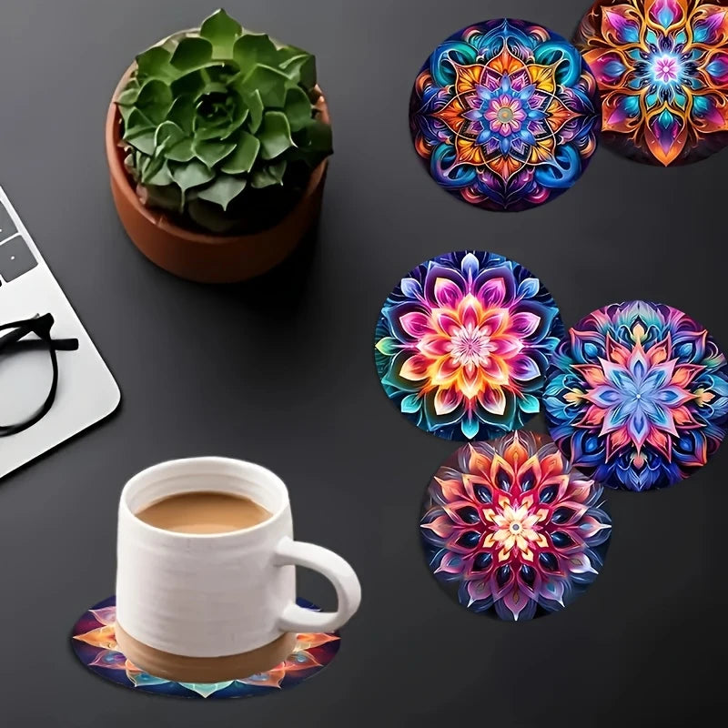 Mandala Flower Wooden Coaster Set, Single-Sided Print, Round, 4 in