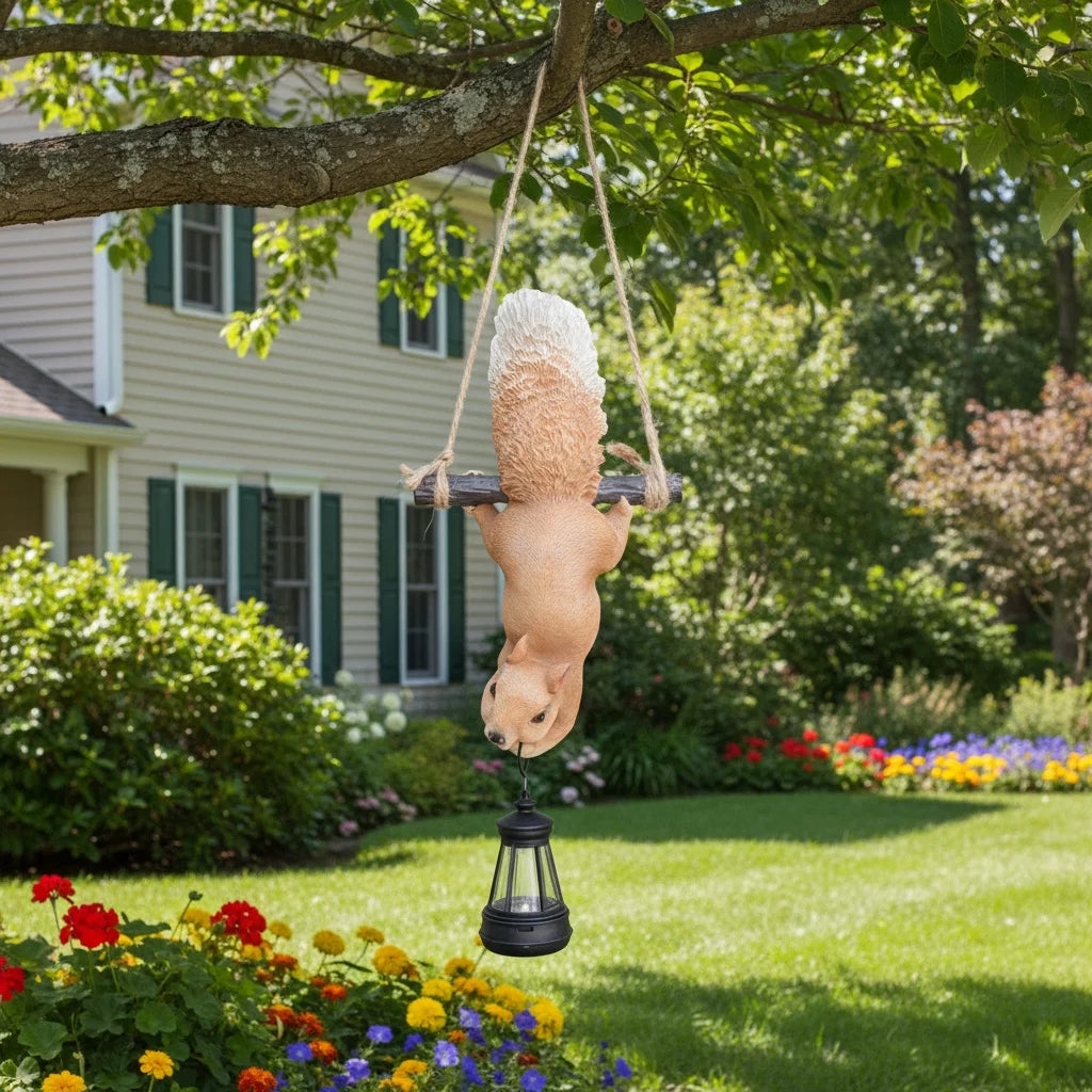 Animal garden figurine with solar lantern hanging from a tree branch