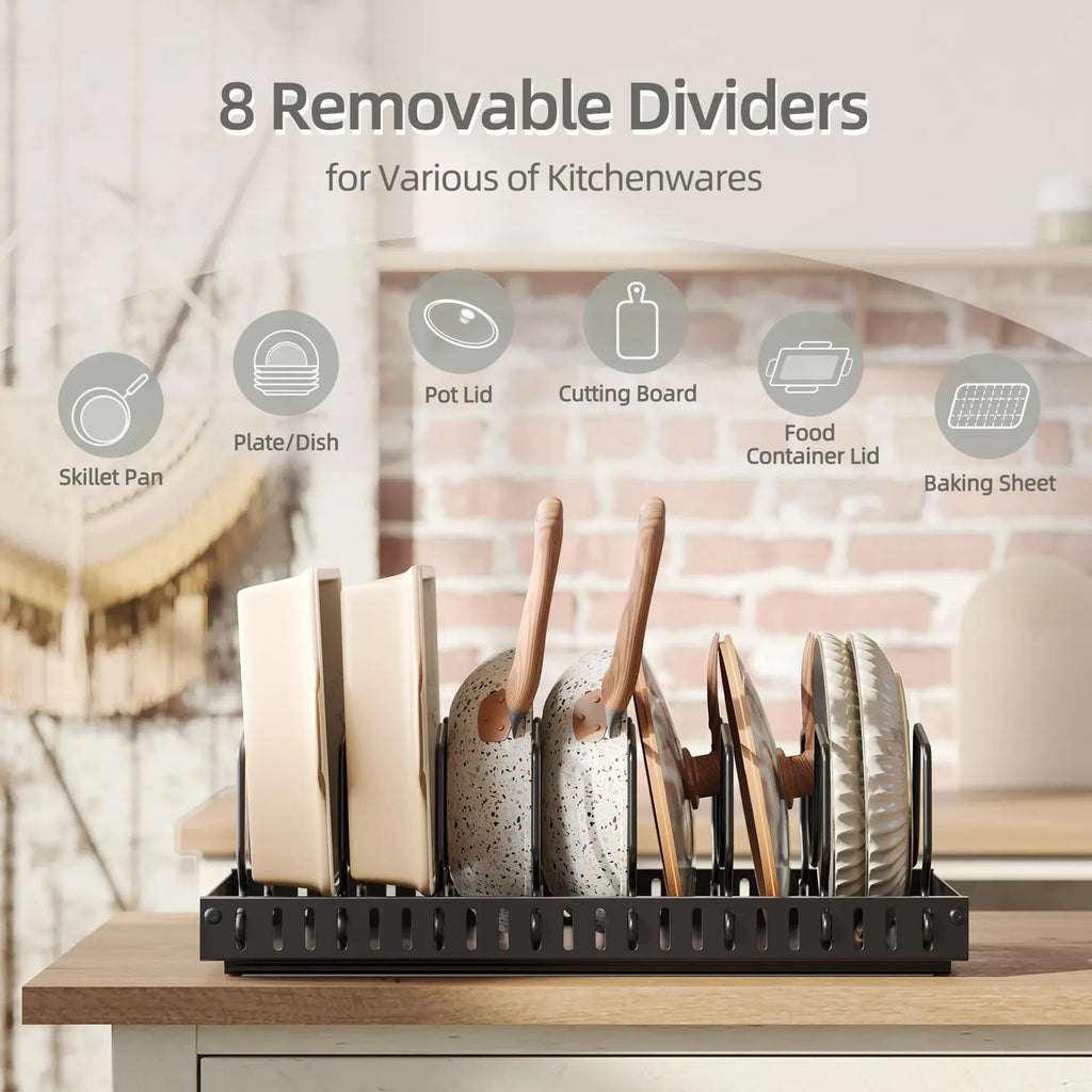 Removable divider kitchen rack with icons for pots, lids, pans, boards, and baking sheets
