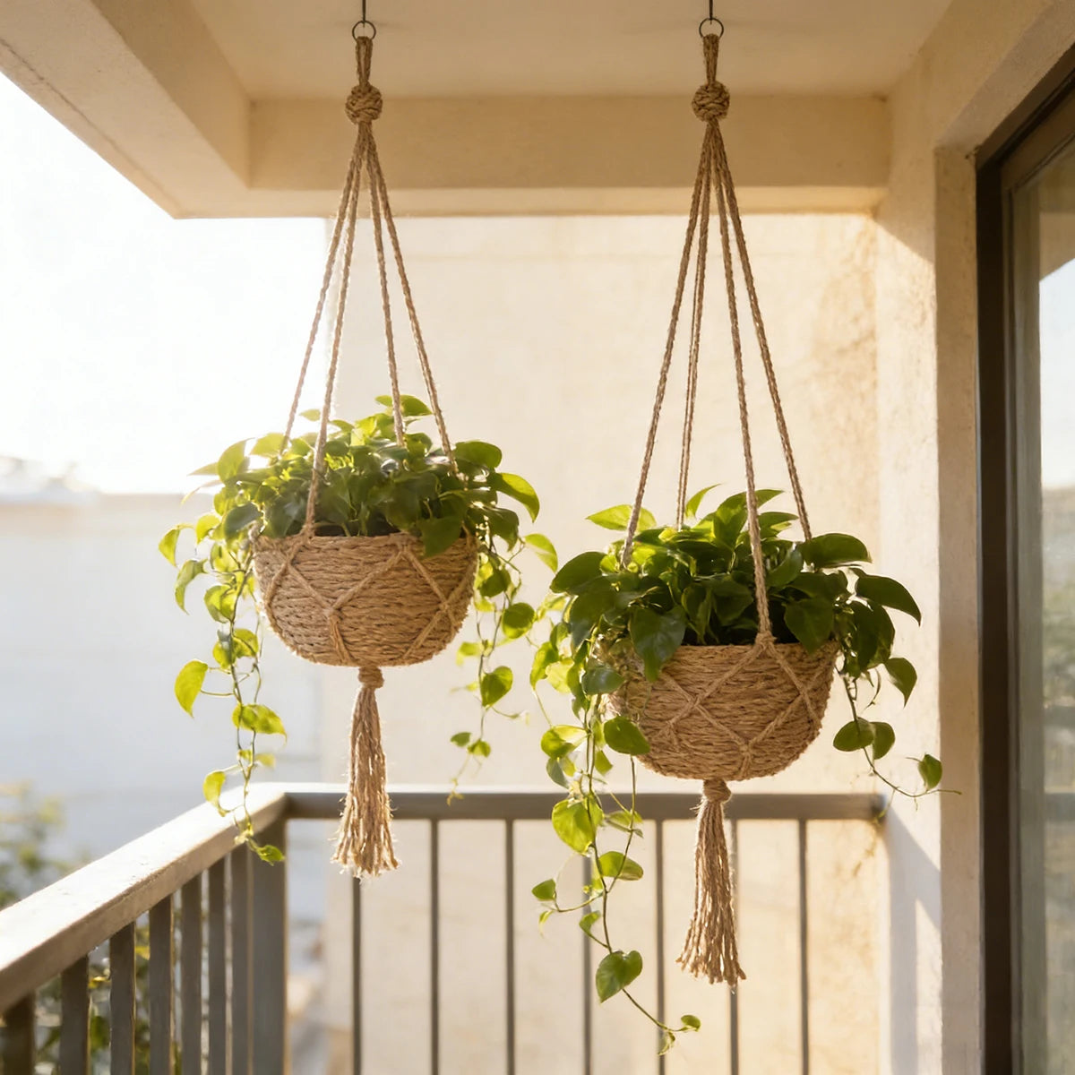Two hand-knotted jute hanging planter baskets with green plants on a balcony